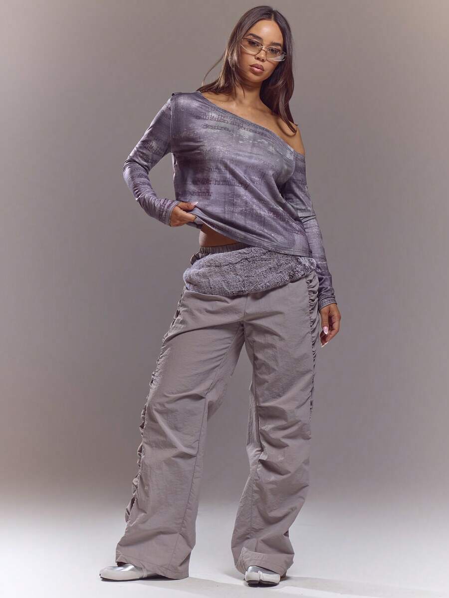 MUSERA Low Rise Ruched Sides Wide Leg Trousers Spring Summer Cute Sexy Streetwear Night Out Ballet Sleeze - Iron Gray - View 1