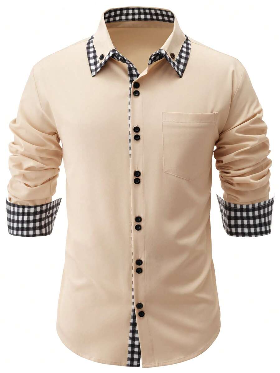 Calvornis Men's Business Casual Plaid Patchwork Long Sleeve Pocket Shirt,Black And White Checkered,Autumn,Smart Casual,Office,Daily Leisure,Weekend Trips,Gift - Pink - View 1