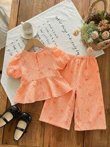 LMoss Kids Babygirl Cute Summer Bow Tie Striped Short Sleeve Top And Elastic Waist Pants Set - Black - View 6