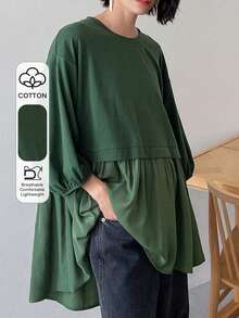 FRIFUL Women's Loose Fit Round Neck Casual T-Shirt With Drop Shoulders, Summer,Ruffle Oversized T-Shirt - Green - View 1