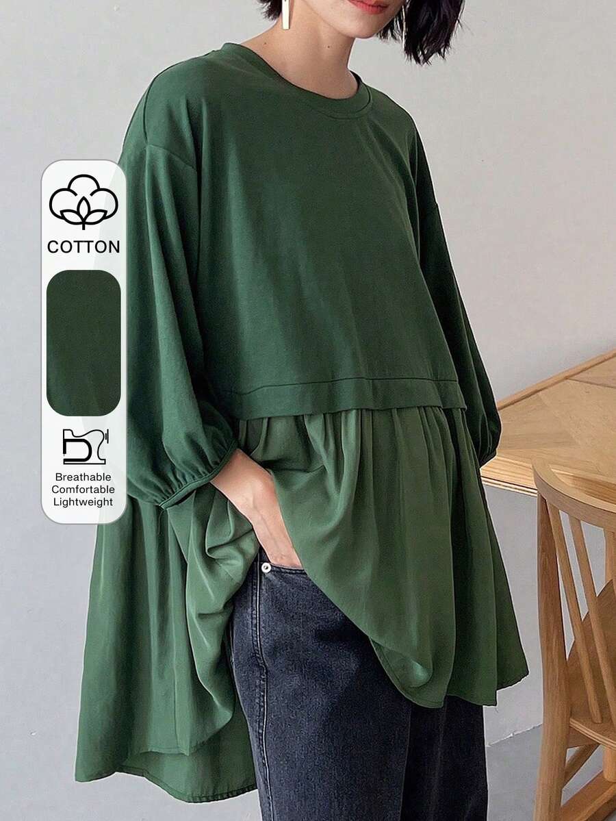 FRIFUL Women's Loose Fit Round Neck Casual T-Shirt With Drop Shoulders, Summer,Ruffle Oversized T-Shirt - Green - View 1