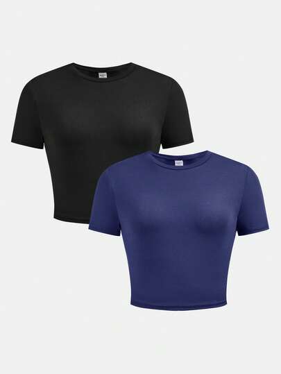 SHEIN Girlism 3pcs/Set Teen Girls' Black & Navy Casual Short Sleeve Cropped Fitted T-Shirts