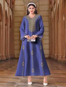 Al Najma Casual Floral Print Flare Sleeve Modest Arabic Style Dress Turkish Dress Modest Dress Caftan Dress Arabian Dress - Multicolor - View 3