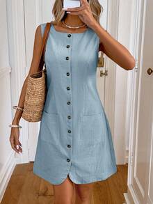 Easowa Vestido mini casual con botones y bolsillos para mujer - Celeste - Ver 2