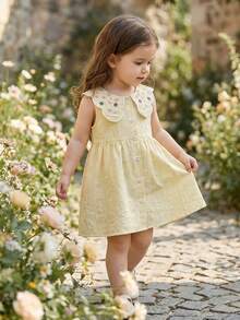 SHEIN Vintaside Kids 女婴可爱田园简约风高端刺绣图案背心和A字无袖公主竹纤维棉连衣裙，夏季 - 粉色 - 查看 6