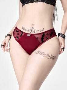 ROMWE Goth 1件哥特蝙蝠植绒三角内裤 - 酒紅色 - 查看 4