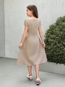 Firerie Kids Firerie Kids Tween Girl Casual Elegant Square Neck Short Puff Sleeve Cinched Waist A-Line Khaki Dress - Khaki - View 2