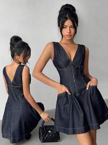 Aloruh Women's V-Neck Zipper Front Sleeveless Casual Denim Dress,Valentine's Day,Summer,Carnival,Beach,Party,Elegant Party Dress,Going Out - Blue - View 4