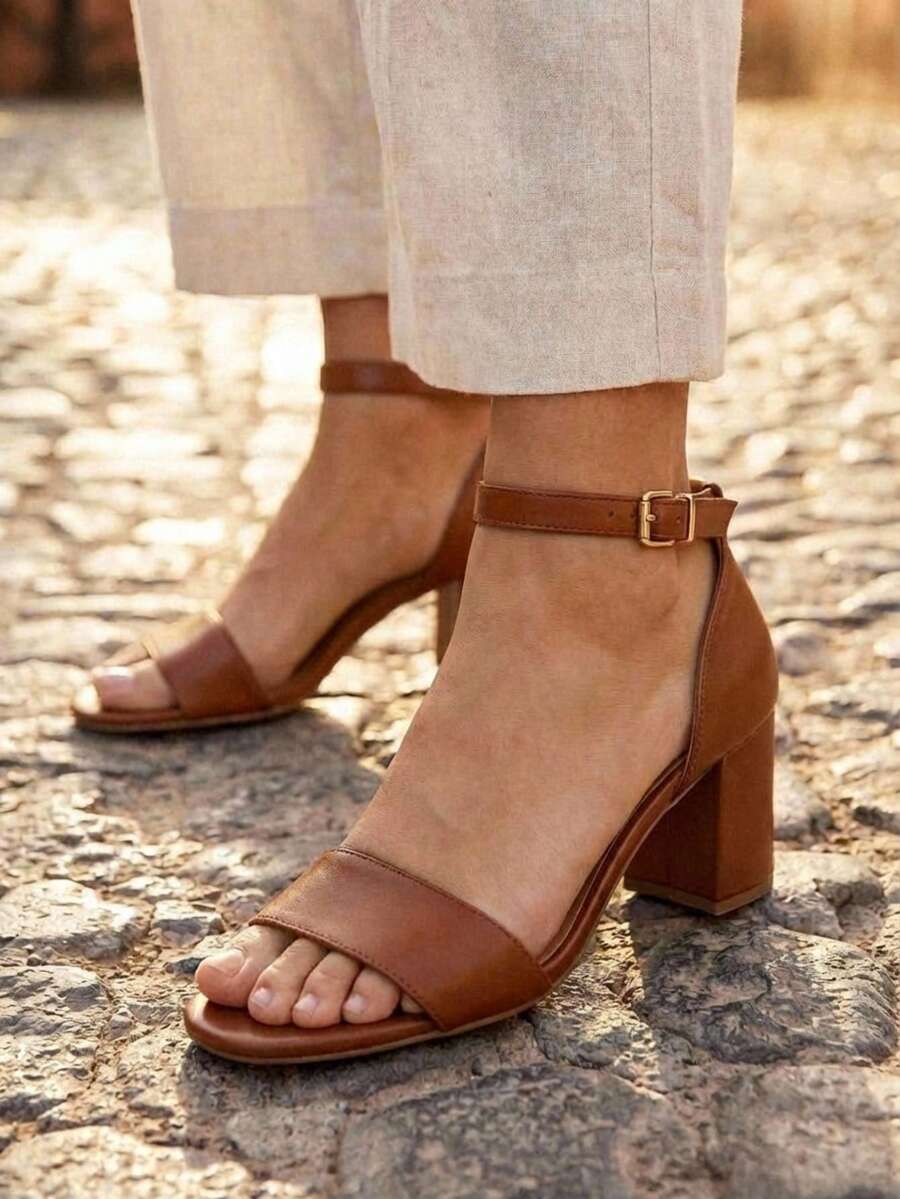 Simple And Thick Heel Sandals For Women With Ankle Strap - Brown - View 1
