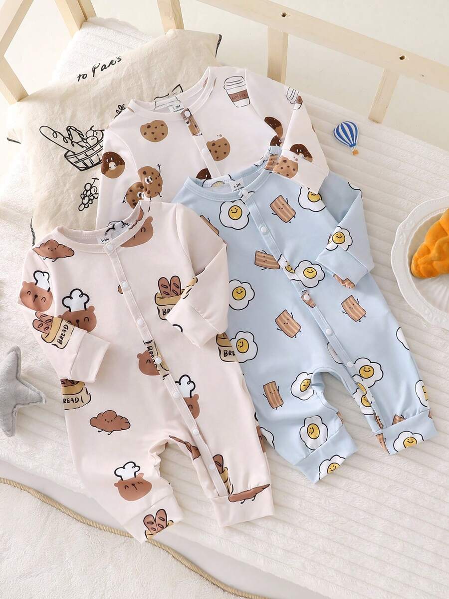 Newborn Funny Food Cartoon Theme Blue & Khaki Toast, Egg, Bacon, Bread, Bear Pattern Long Sleeve Footed Romper Set - Multicolor - View 1