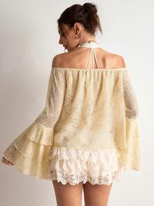 Freevana Bohemian Apricot Lace Open Shoulder Blouse, Sheer Floral Puff Sleeve Layered Ruffle Trim Loose Vacation & Commute Versatile Elegant Blouse For Women - Apricot - View 2