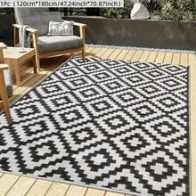 1Pc(120cm*180cm/47.24inch*70.87inch)Waterproof Outdoor Rug, Reversible Plastic Straw Patio Rug For Camping, RV Mat Outside, Indoor Outdoor Carpet For Porch, Deck, Backyard, Camper, Balcony, Picnic, Black & White - Black and White - View 6