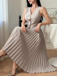 DAZY 女士休闲纯色仿口袋褶裥背心半裙套装，春夏婚礼宾客礼服 - 米色 - 查看 1