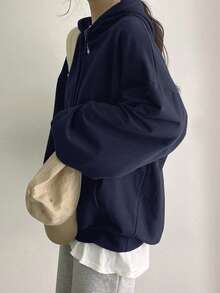 DAZY Solid Drop Shoulder Drawstring Hoodie,Fall Clothes Sweatshirt - Navy Blue - View 2