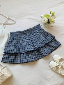 Comfortcana 2026新款春夏时尚女式休闲格子荷叶边迷你裙，夏季女式海滩度假风，2000年代风格 - 藏蓝色 - 查看 5