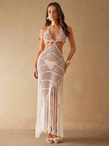 Silquee Off-White Summer Boho Holiday Pool Party Crocheted Halter Dress, Asymmetrical Tassel Hem Knit Dress With Shell,Pearl & Starfish Pendants Openwork - White - View 3