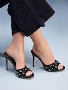 CUCCOO GRLICON 女士金属铆钉尖头细高跟凉鞋，性感朋克风时尚踝带露趾鞋 - 黑色 - 查看 5