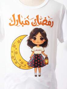 Tween Girl Letter & Cartoon Print Short Sleeve Top And Skirt Set, Suitable For School, Outings, Family Gatherings And More - Black and White - View 5
