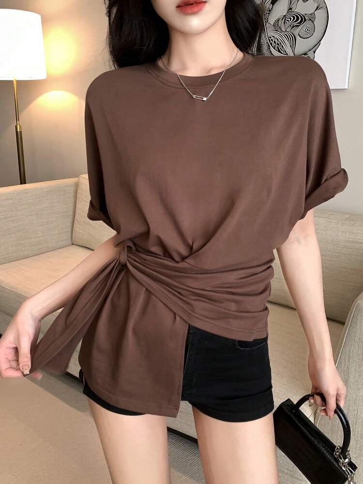 Women Solid Color Casual Round Neck Twist Front Short Sleeve T-Shirt Summer