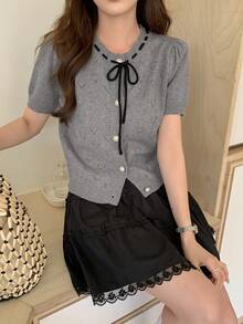 DAZY Women's Round Neck Hollow Heart Gray Short Sleeve Knit Cardigan - Grey - View 3