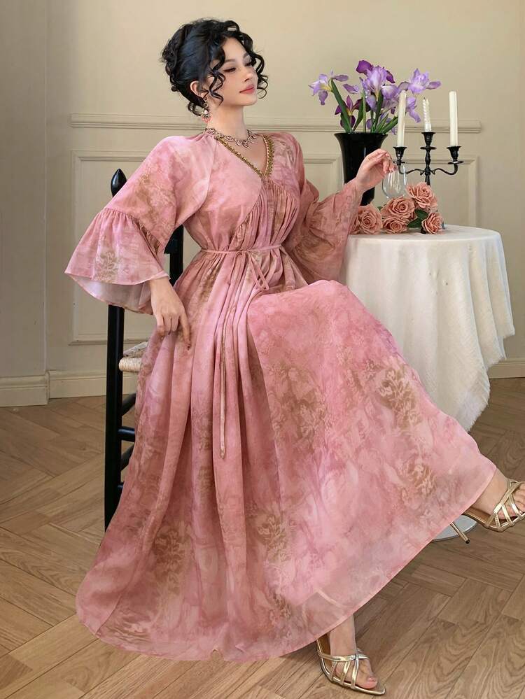 Women's Elegant Floral V-Neck Mid-Length Dress, Spring/Summer Wedding Guest Dress Sundress