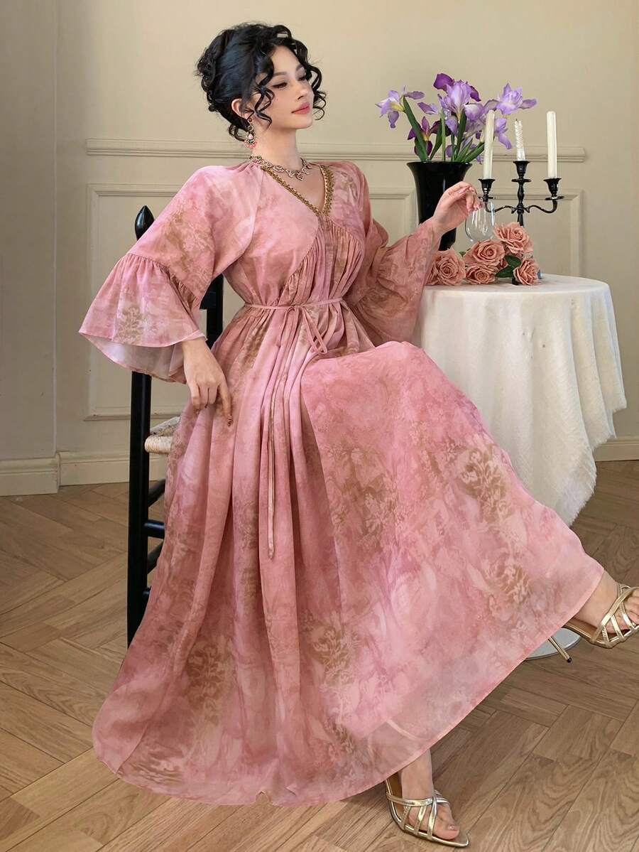 DAZY 女士优雅碎花V领中长连衣裙，春夏婚礼宾客礼服 - 粉色 - 查看 1