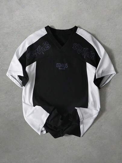  Men's Letter Print Contrast Color V-Neck Short Sleeve Casual T-Shirt,PAVTROS Men's V-Neck Raglan Sleeve Black And White Color-Blocked Loose Street Style T-Shirtvalentine's Day,Spring To Summer,Gift For My Boyfriend,Mardi Gras,Vintage,Streetwear,Party,St Patrick's Day,Going Out