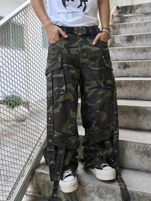 Manfinity EMRG Men's Street Fashion Camo Print Pocket Denim Jeans - Army Green - View 3