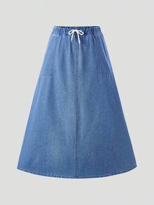 SHEIN MOD 大码女式抽绳腰带口袋休闲百搭日常牛仔裙 - 中等水洗藍 - 查看 6
