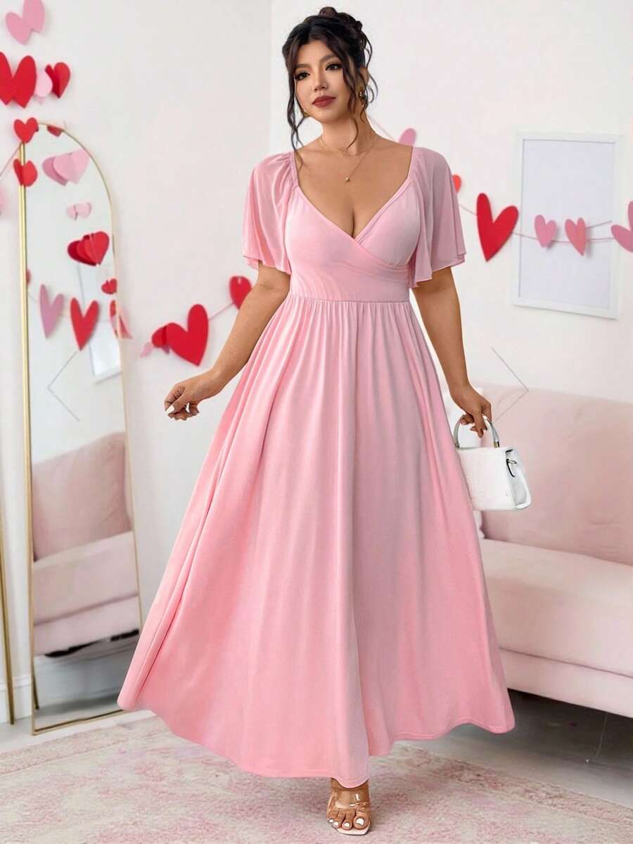 Elenzga 新款大码女装纯色修身针织甜心领褶皱腰连衣裙，时尚优雅，适合约会、度假、商务、派对、生日、下午茶、节日穿着，春夏长裙 - 粉色 - 查看 1