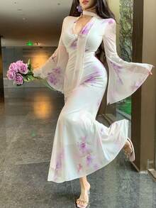 DAZY 印花新款中国风喇叭袖温柔优雅V领腰部系带连衣裙女式长裙吊带裙 - 淡紫色 - 查看 8