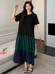 DAZY 女士宽松拼接中长圆领连衣裙，春夏款 - 彩色 - 查看 4