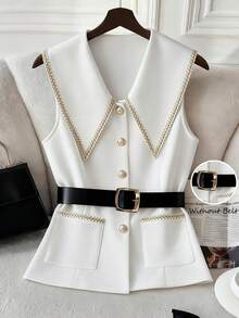 Chiquease Franclia Fashion Waist Cinched, Versatile Commuter, Single-Breasted Contrast Trim, Elegant Sleeveless Women Jacket - White - View 1