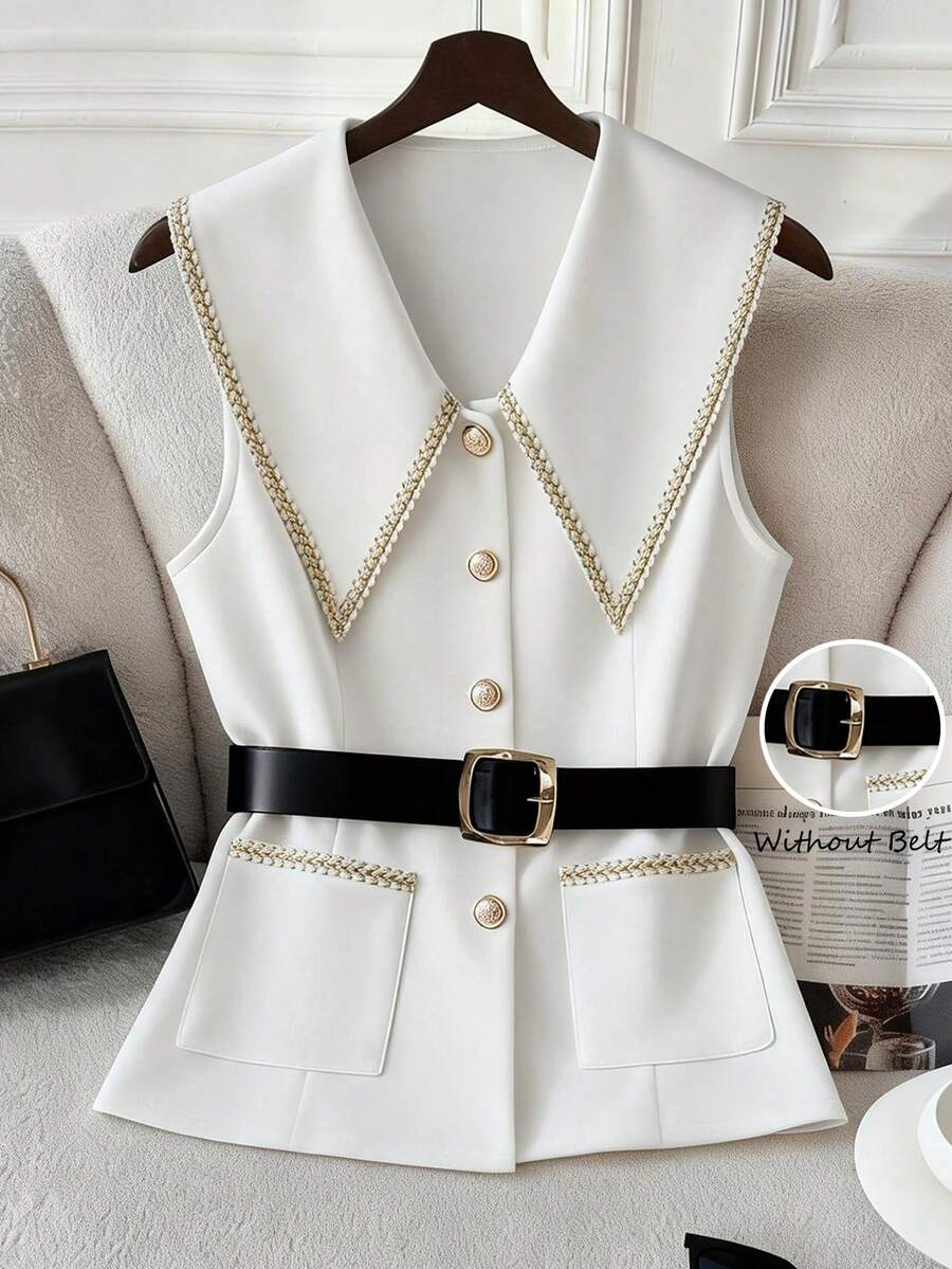 Chiquease Franclia Fashion Waist Cinched, Versatile Commuter, Single-Breasted Contrast Trim, Elegant Sleeveless Women Jacket - White - View 1