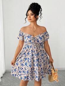 Elenzga Robe maxi grande taille pour femmes beige à imprimé floral discret, manches volantées, nouée devant, col en dentelle ajourée, style bohème, élégante pour vacances d'été, vacances et invitée de mariage - Bleu azur - Voir 7