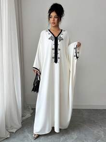 Yasmyna Women's Loose Fit Embroidered Faux Pearl Decorated Turkish Maxi Dress - Multicolor - View 6