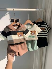 SHEIN 6件套男女宝宝夏季休闲可爱条纹小熊图案连帽T恤和松紧腰短裤套装，百搭装 - 彩色 - 查看 1