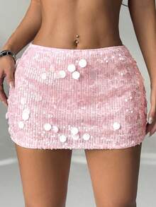 SHEIN PETITE 女士银色亮片迷你派对裙，高品质款，适合娇小身材和派对场合 - 粉色 - 查看 3