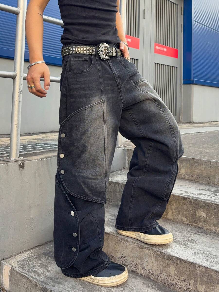 Manfinity EMRG Vintage Streetwear Fashion Niche Versatile Design Distressed Buttoned Patchwork Straight Leg Loose Fit Jeans New Vintage - Black - View 1