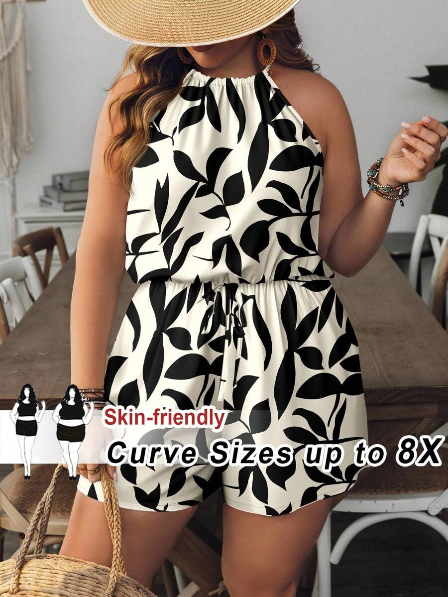 SHEIN CURVE+ Plus Size Women's Vacation Plant Print Casual Halter Jumpsuit Short Jumpsuits For Woman Cute Romper Women - Black and White - View 1