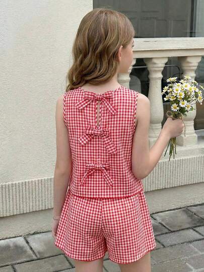 SHEIN 2件套 少女夏季休闲圆领红白格子蝴蝶结装饰无袖上衣和短裤套装