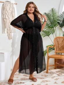 SHEIN CURVE+ Áo khoác đi biển màu đen trơn viền dành cho nữ cỡ lớn - màu đen - Xem 6