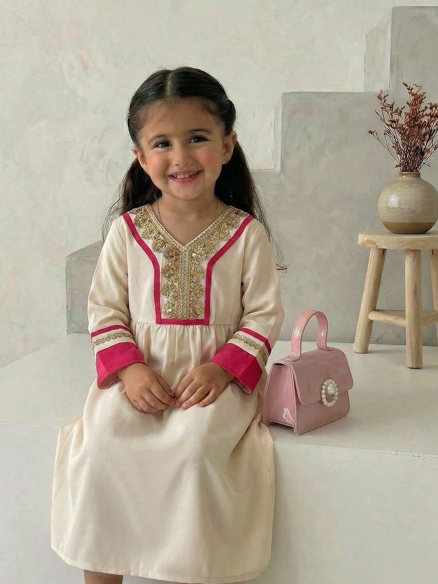 SHEIN Đầm ren hoa phối màu cổ chữ V dáng rộng cho bé gái, màu hồng và mơ, thích hợp cho mùa xuân/hè, đi nghỉ mát. - Nhiều màu - Xem 1