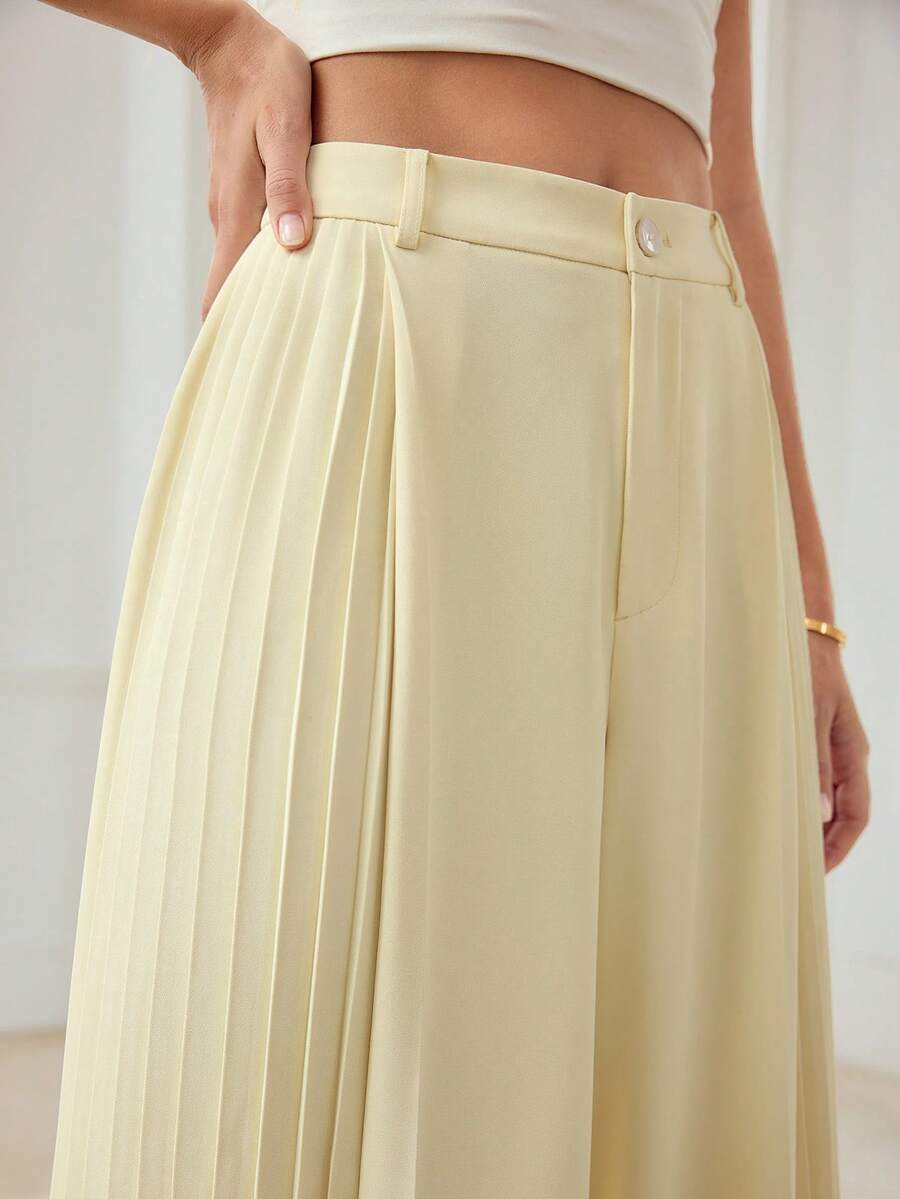 MOTF PREMIUM 优雅褶裥垂褶宽松阔腿裤 - 淡黃色 - 查看 2