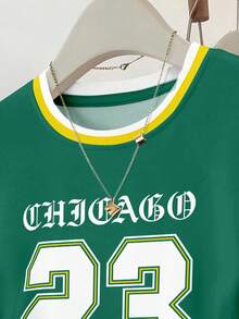 SHEIN Áo thun nữ tay ngắn ôm eo, xếp ly, in chữ Chicago, họa tiết kẻ sọc. - Nhiều màu - Xem 4