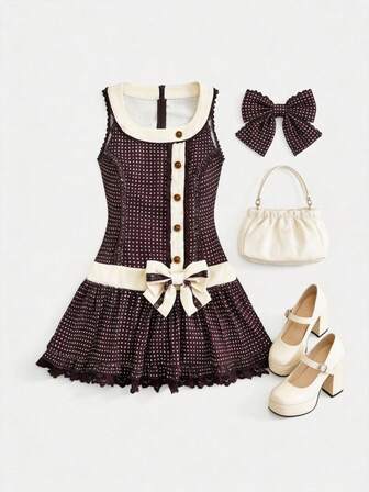 Kawaii Vestido mini sin mangas con lunares y lazo estilo retro dulce de Tiramusú