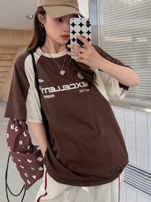DAZY Áo thun tay ngắn cổ tròn in chữ màu tương phản dành cho nữ Áo thun EXCELLENT BETTER PROSPECT mùa hè - màu nâu - Xem 3
