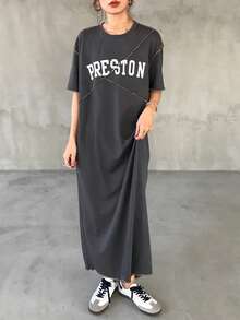 FRIFUL Đầm dài dáng rộng cho nữ, in chữ, xẻ tà và đường may trang trí, đầm maxi mùa hè. - Xám - Xem 2