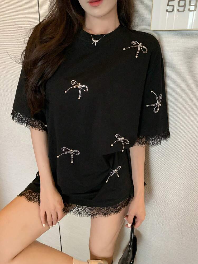 Women's Summer Round Neck Rhinestone Bow Lace Patchwork Short Sleeve T-Shirt Cute Tops