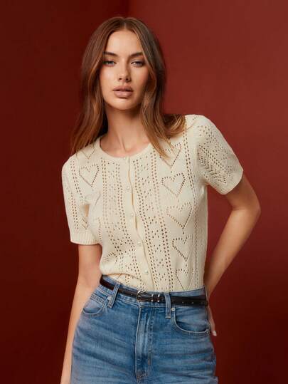 Maija Women's Solid Color Short Sleeve Hollow Out Knit Cardigan, Summer Outfits , Summer Tops, Spring Break Outfits, Spring Clothing, Valentine Outfits For Women , Valentines Day, Valentine's Day Outfit , Beach Outfit For Women, Elegant Party Tops, Weddings & Events, Elegant Women's Blouses, Holiday Outfits For Women, Vacation Outfits For Women, Heart-Shaped Jacquard Knit , Pearl Buttons